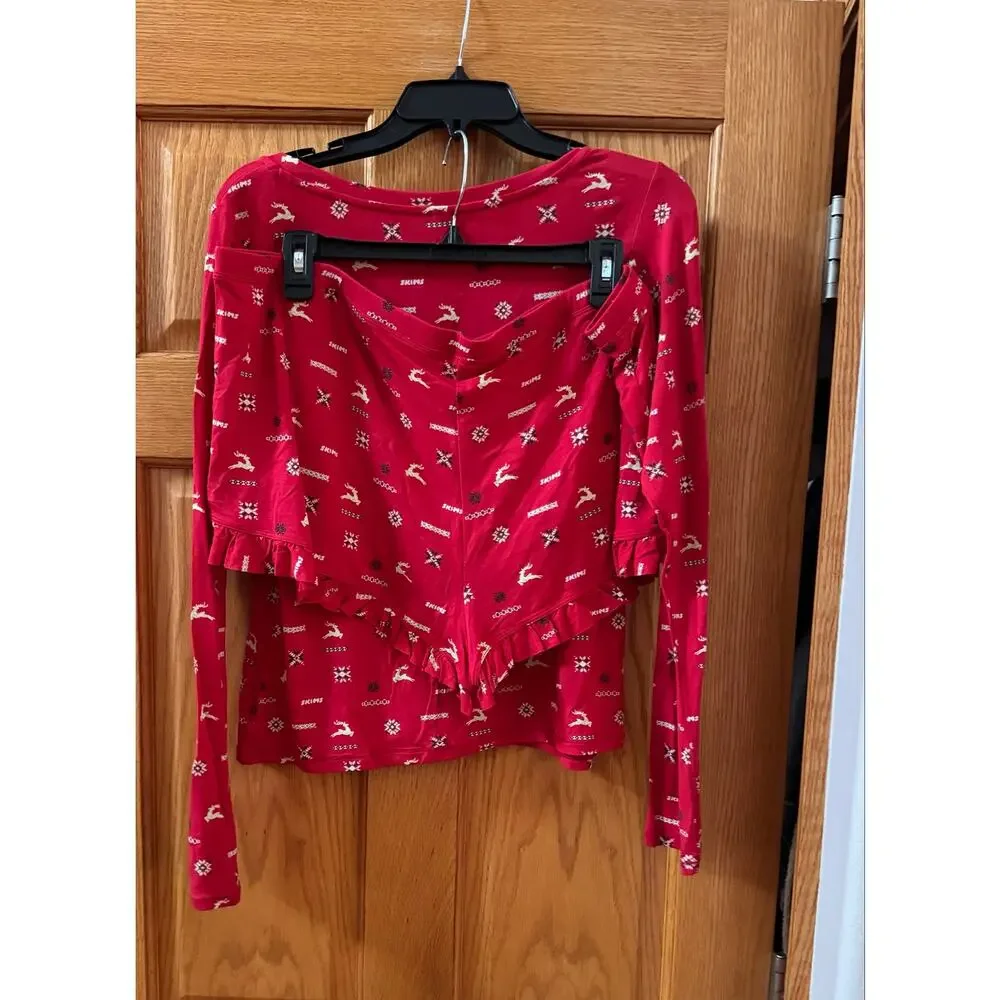Cozy SKIMS Scoop Neck Sleep Set - Cranberry Vintage Deer Print large (NEW W/tags